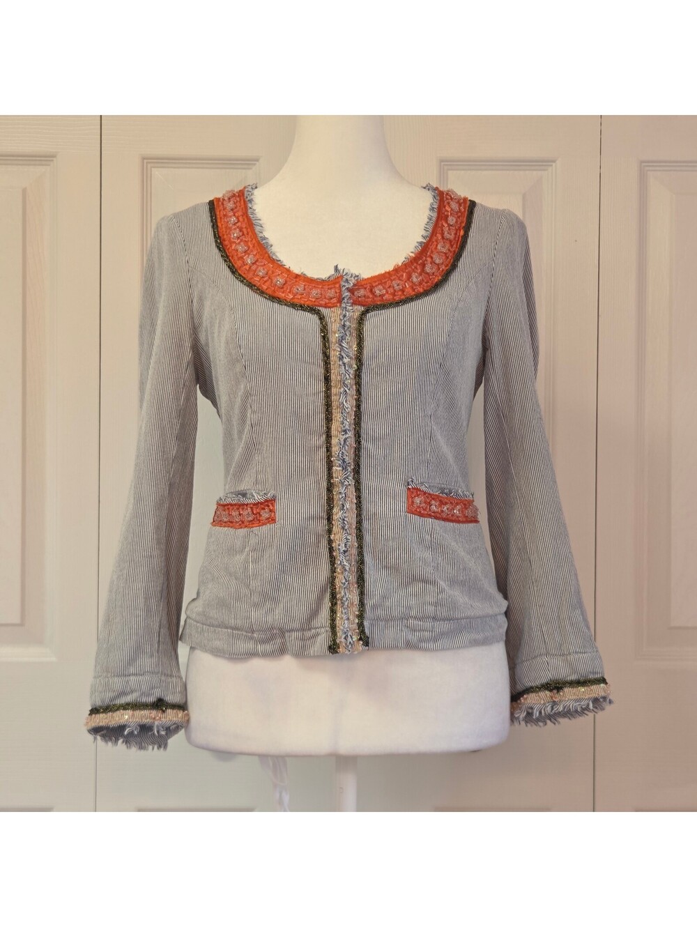Vintage Boho Beaded Pinstripe Cropped Jacket Free People Whimsical Folk Artisan